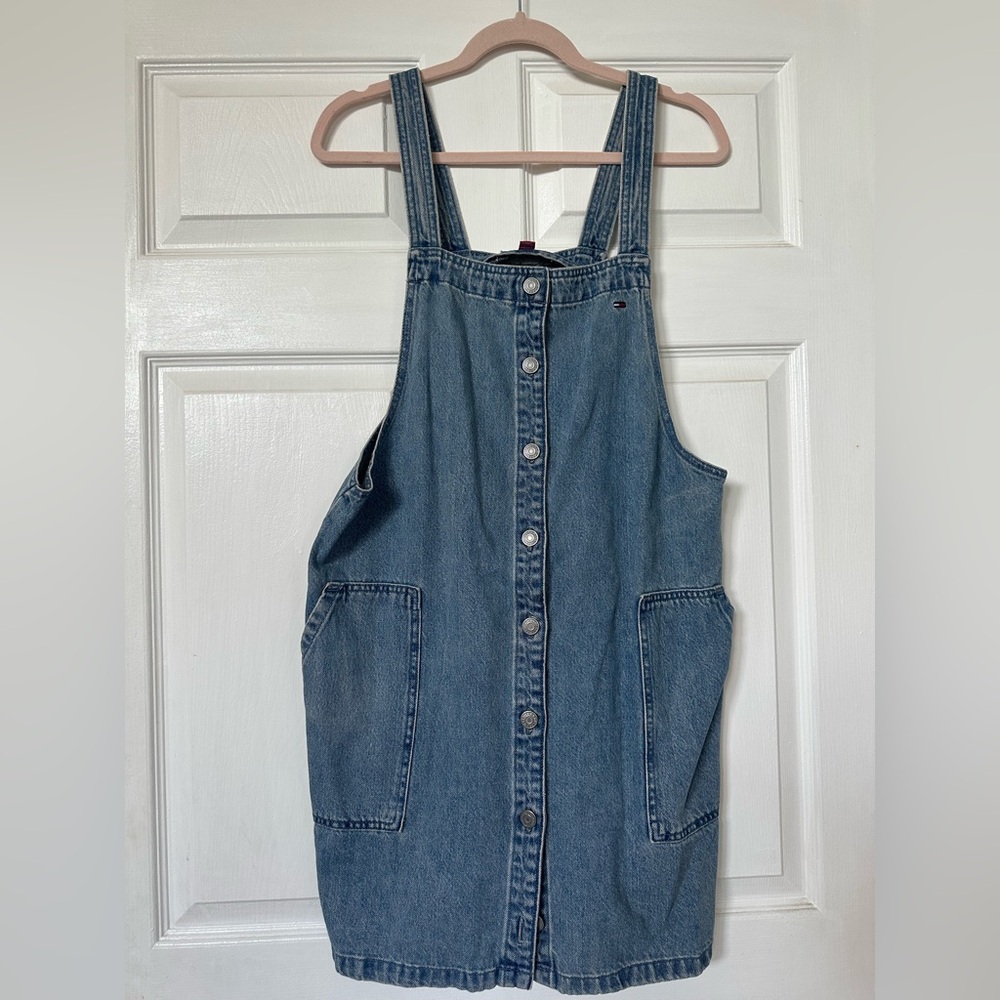 TOMMY JEANS HILFIGER 90s vintage blue button front denim mini dress womens L